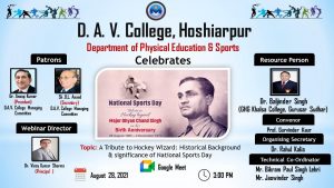 DEPARTMENT OF PHYSHICAL EDUCATION AND SPORT of DAV COLLEGE HOSHIARPUR CELEBRATEDNational Sports Day