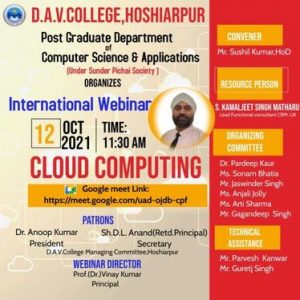 DAV COLLEGE Hoshiarpur Department of Computer Science and Applications organized a Webinar entitled ‘ Cloud Computing